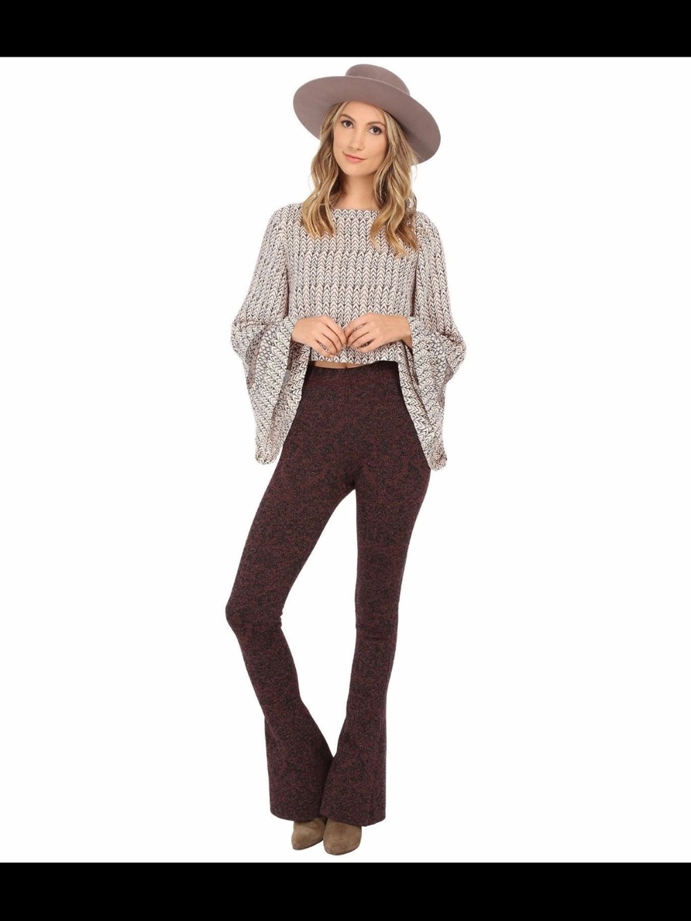 Free People Wine/|Black Combo Stretch Lurex Sweater Flare
Pants - $128